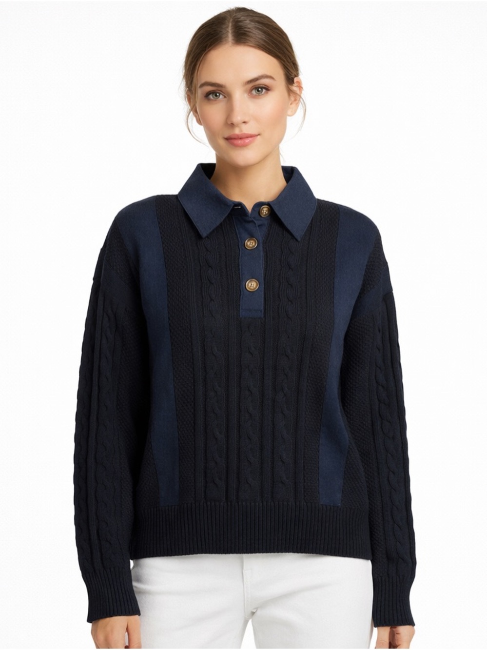 YAL New York Cable Knit Collared Button Sweater Navy XL NWT Textured‎ Pullover